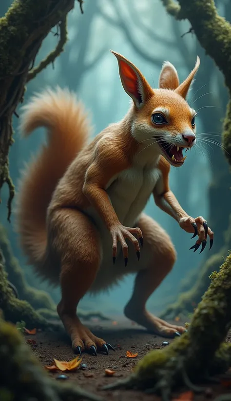 Design a hybrid creature that seamlessly combines the defining features of both a squirrel and a kangaroo, resulting in a monstrous, dangerous appearance. This hybrid should have the powerful, muscular hind legs and upright stance of a kangaroo, with the b...