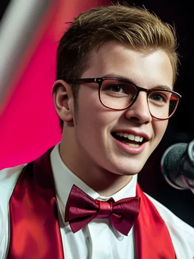 solo, young man, human, male, red bowtie, shirt,  looking at viewer, round glasses, singing, happy,