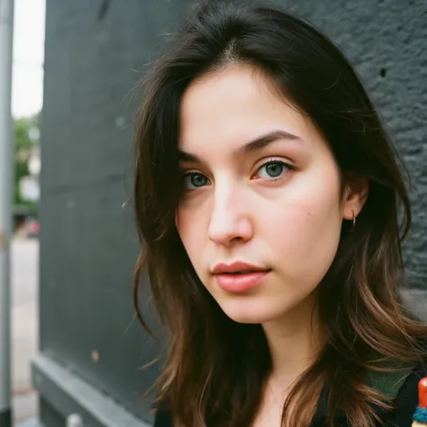 a beautiful woman，whole body， look into the camera ，portrait photography，street photography，texture，portrait with obvious eyelas...