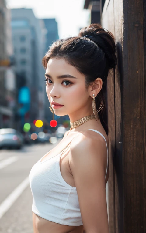 masterpiece, Best Quality, Alone,  1 girl,   glowing skin  ,  hoop earrings,  glamorous, Wacky details,   slick back hair ,  charming, Shoulder exposed,  crop top,  Long Pants ,  Depth of field  , Contrasting, Professional Model, Expectations, Portraiture 