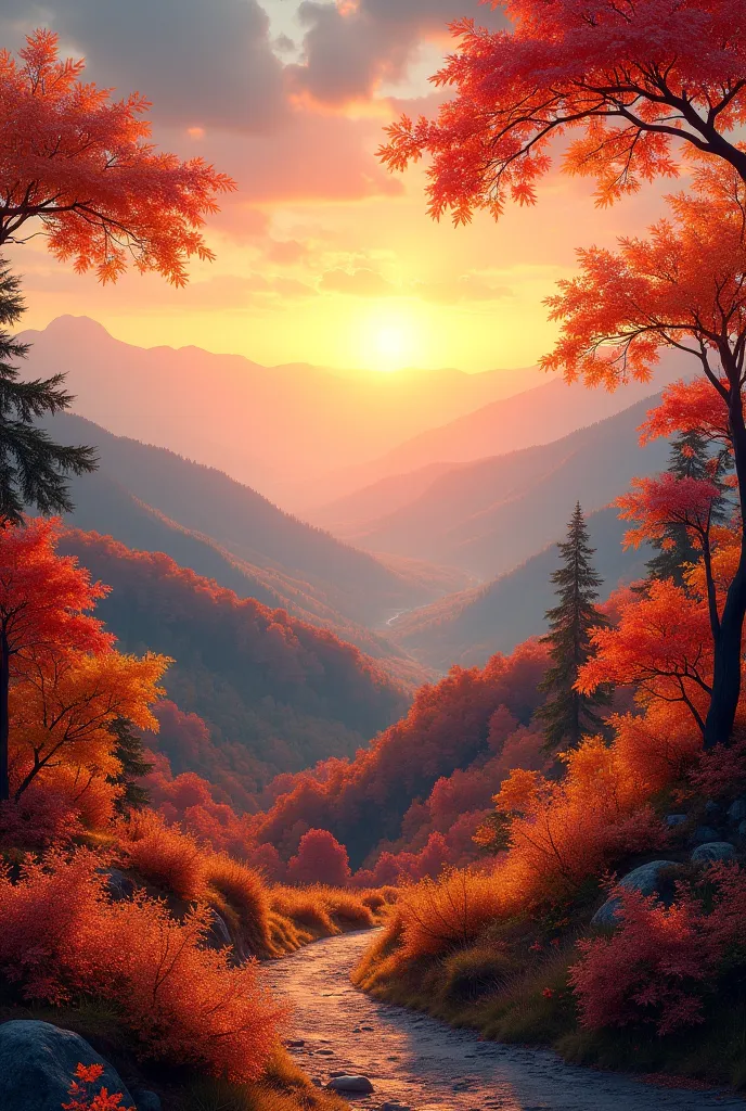 "a hilltop at sunset in autumn,with a cool breeze sweeping over.",
"vibrant maple leaves reflecting the setting sun,a mix of yel...