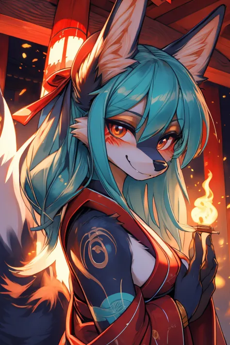 miku hatsune, add high definition_detail:1, blue fur,kitsune ears, tribal tattoo add_detail:1, showing her beautiful figure, jap...