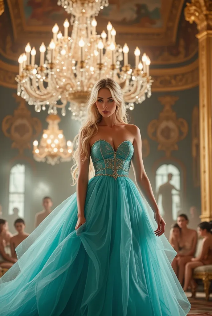 in a lavish palace ballroom, a stunning female figure stands poised on the grand stage beneath a majestic crystal chandelier. he...