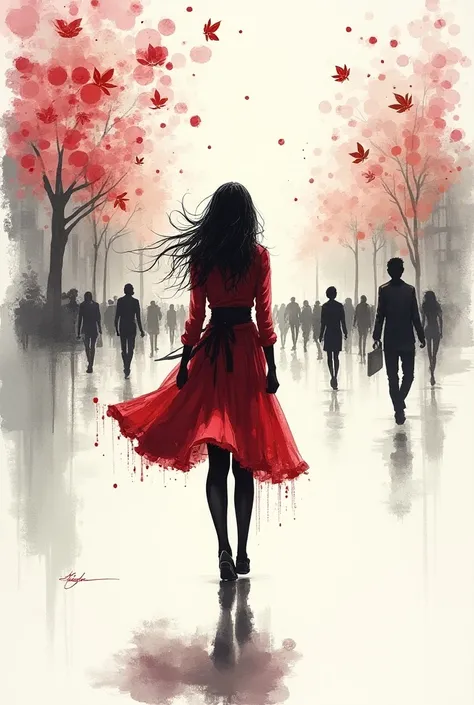 pretty girl, walk, Fashion，City background, Colorful， clearly focused ,  simple line abbreviation, (Ink and watercolor, Brushstrokes, author：Russ Mills 和 Yoji Shinkawa) Floral scent，dream， is the best quality,  ridiculous results , (Negative Space)