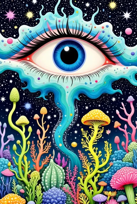 psychedelic art。plant、 marine life 、eye、starry sky，abstract painting of joints， depicts the inner world of autistic people，sense...