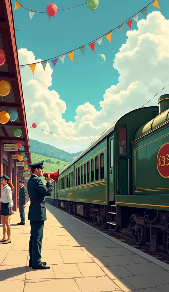 An early 1900s illustration style passenger train station, filled with colorful balloons and festive bunting flags. A uniformed train conductor stands on the platform, making an announcement through a megaphone. The train engine is a distinct green color with the number "[333]" prominently displayed, partially colored against a backdrop of a scenic landscape with fluffy white clouds in a bright blue sky.