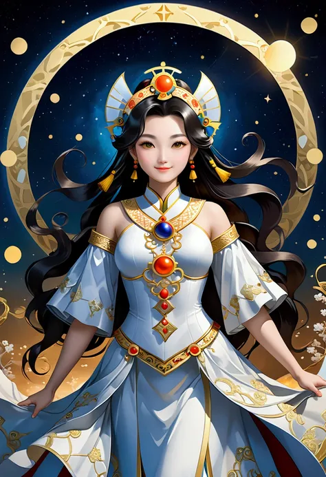 （tarot card:1.5),(Graphic illustration:1.4, paper art, Quilted paper art, geomerty),rotational symmetry, (full-body shot:1.4), (Change , moon, halo, exquisite headdress, smile), White background,  (Chinese colors, senior color matching), ( bokeh, Out of Fo...