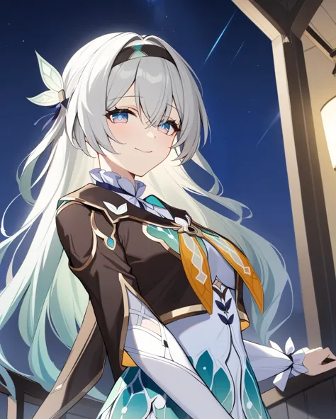 masterpiece,best quality,firefly \(honkai: star rail\), 1girl, solo, sky, star_\(sky\), looking_at_viewer, smile, long_hair, starry_sky, blue_eyes, bangs, night, hairband, night_sky, closed_mouth, white_hair, long_sleeves, black_hairband, wing_hair_ornament, hair_ornament, dress, hair_between_eyes