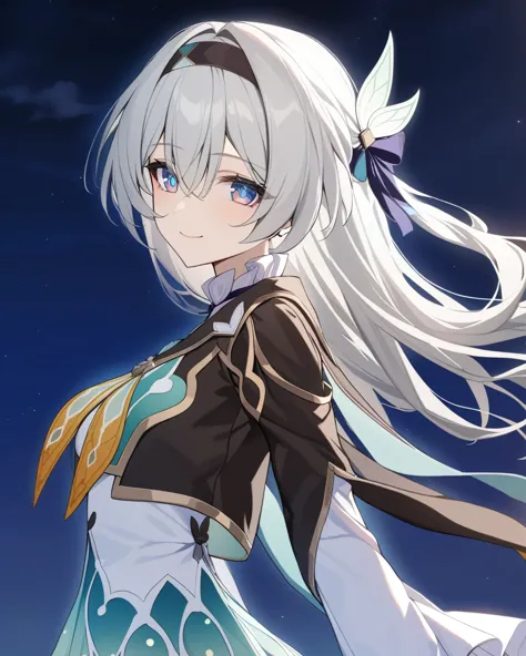 masterpiece,best quality,firefly \(honkai: star rail\), 1girl, solo, sky, star_\(sky\), looking_at_viewer, smile, long_hair, starry_sky, blue_eyes, bangs, night, hairband, night_sky, closed_mouth, white_hair, long_sleeves, black_hairband, wing_hair_ornament, hair_ornament, dress, hair_between_eyes