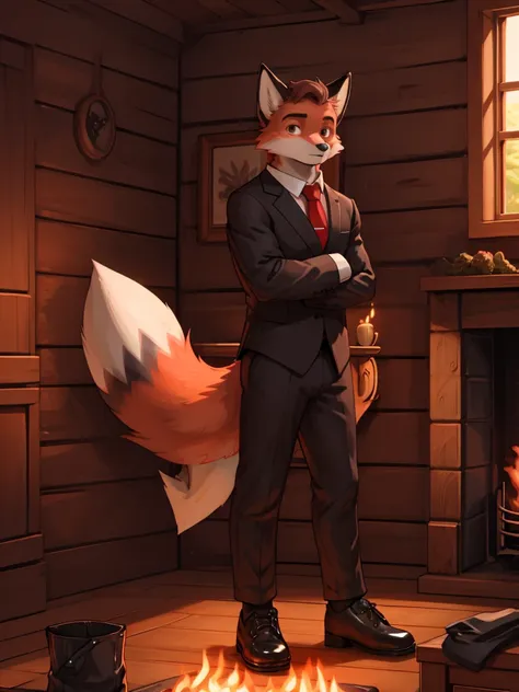 A young fox, spongy ass, with a serious expression, relaxed, with black suit, White shirt, Red tie, black elegant shoes, Light brown eyes, looking to the camera, in a wooden room with a fireplace