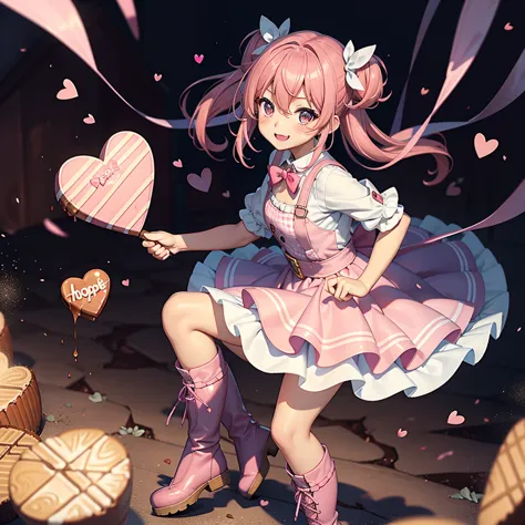 1girl,Chocolate Fairy 、Cupid、The best composition、Mysterious、 absurd、 perfect anatomy、cute神様、cute、cute、Handsome face、Baby Face、、 chocolate color and pink hair color、baby face、 long boots for stepping on bread,houndstooth、smile、Hope and expectation、Valentin...