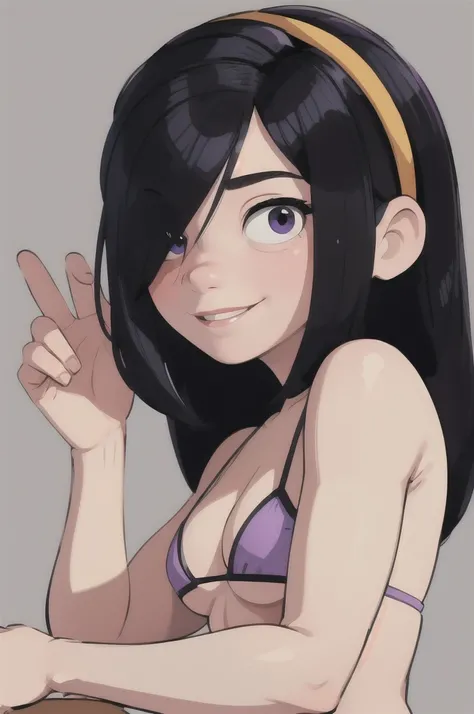 masterpiece, best quality, 1girl, violetparr, long hair, black hair, hair over one eye, hairband, solo, smile, looking at viewer, smile, simple background , bikini 