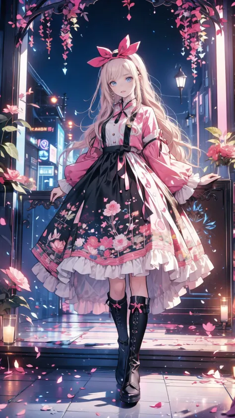 anime style 、story、、 beautiful girls、とてもcute天使、  pink gothic dress 、cute、baby face、smile、  long skirt  、   black boots 、very cut...