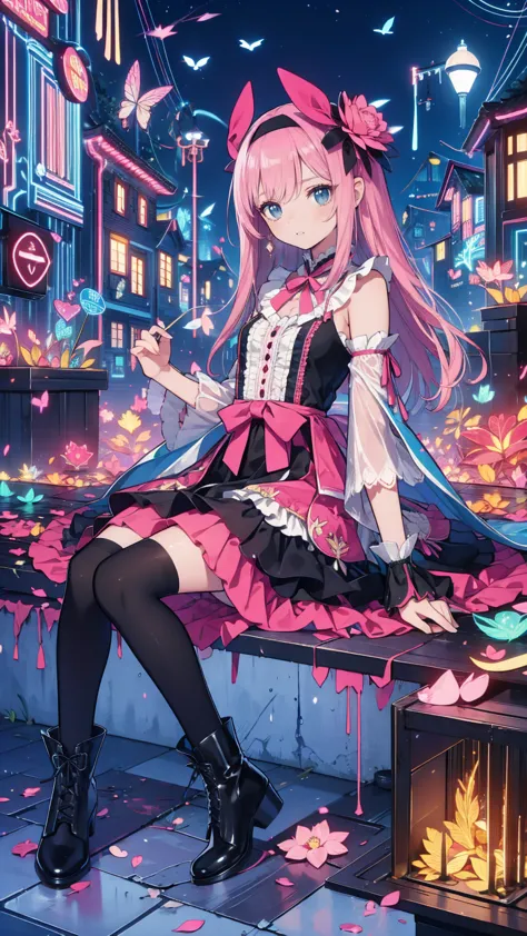 anime style 、story、、 beautiful girls、とてもcute天使、  pink gothic dress 、cute、baby face、smile、  long skirt  、   black boots 、very cut...