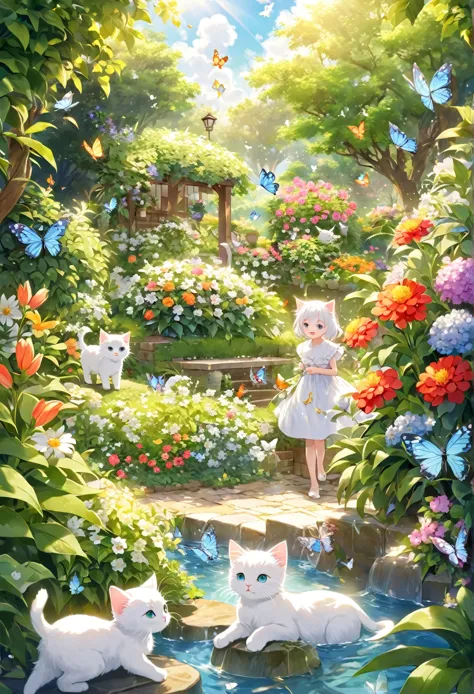 the scene is very charming 。 a girl and a white kitten in a beautiful garden 。  the girl looked at this white kitten with intere...