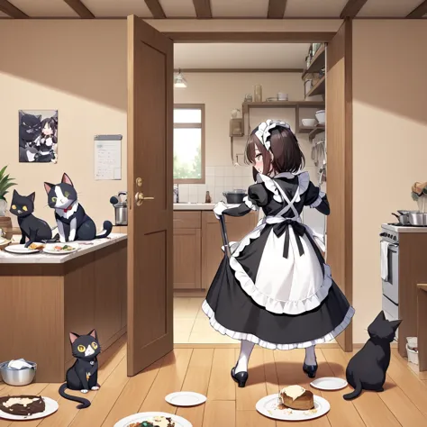 Peeking secretly into a slightly opened door,、 leading to the dining room kitchen when you open the door a black cat walking on two legs inside((Cait Sith)) are cleaned using a mop 、Wearing an apron、 cosplay costume that looks like maid clothes 、 dishes that have been eaten are on the table、Empty plates 、Black cat looking back 、A ridiculous worldview where domestic cats, black cats, act like humans