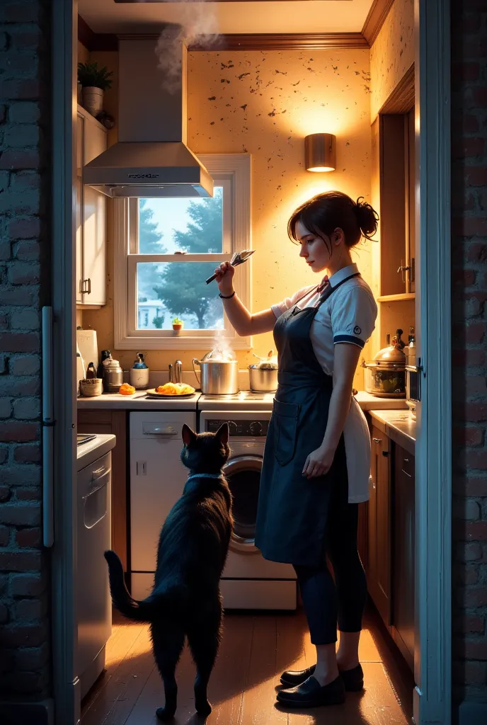 peeking secretly into a slightly opened door,、 leading to the dining room kitchen when you open the door a black cat walking on ...