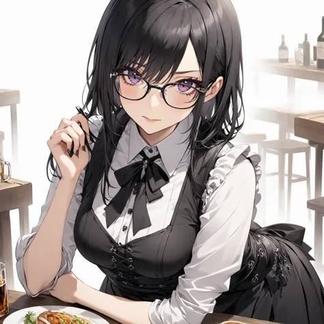  1 girl, Black Hair,Glasses,Gothic clothing,Waiter,Tavern