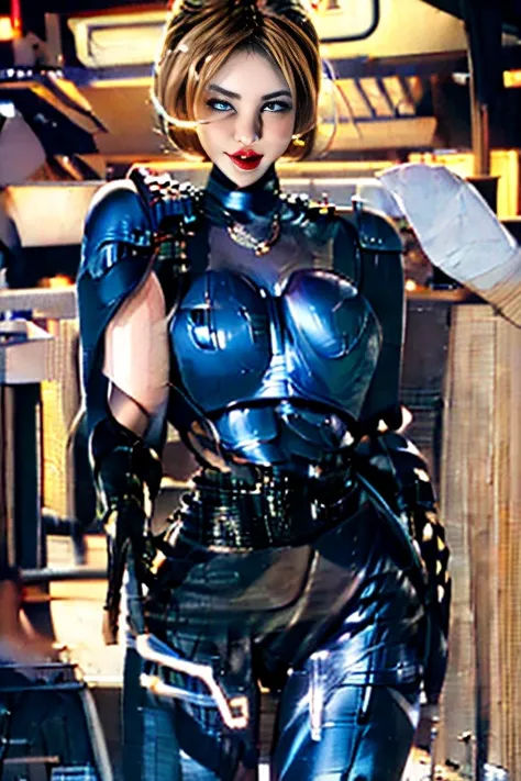 ( Best Quality ), (Blue Mary), (Overall view)  Hua Gai with a cool and charming face  ,RoboCop Armor   , Robocop helmet ,     beautiful and sexy young woman , 18 years old,     toned and muscular   ,  With a cool and handsome face   , SharpEye, Big Breasts