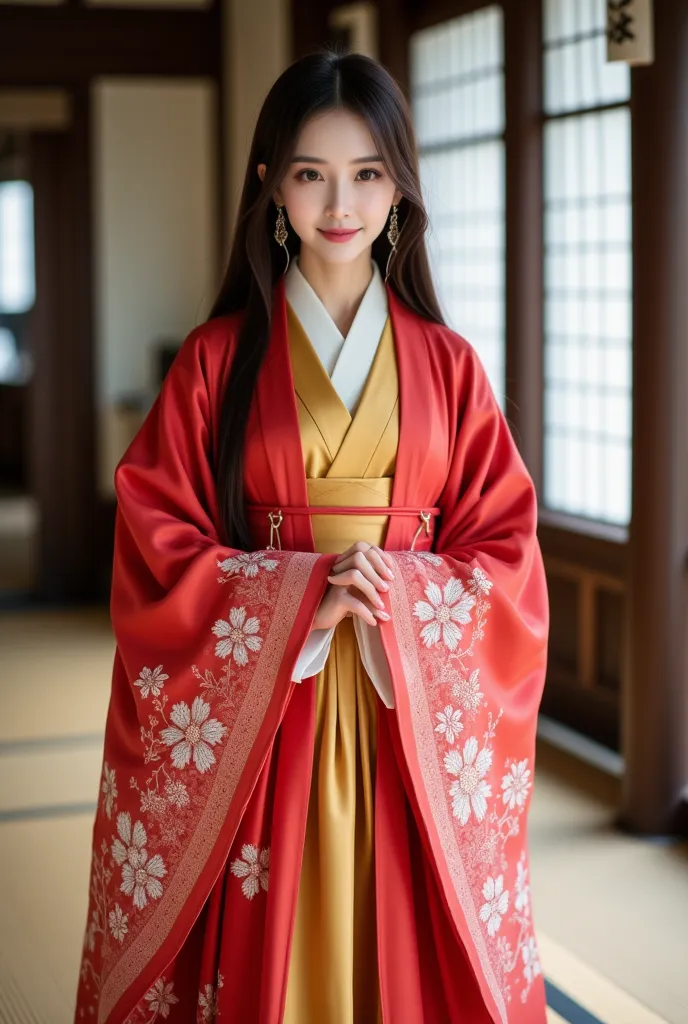 a photorealistic image of a young east asian woman dressed in traditional sengoku-era attire. she is wearing an ornate red uchik...