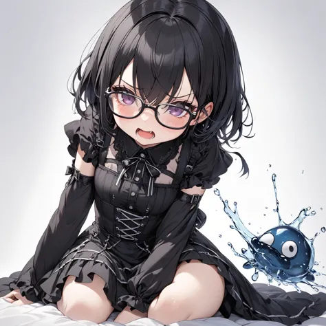 1 girl, black hair,glasses,gothic clothing,squirt,square