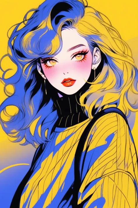 (Best Quality, sketch:1.2),realistic,illustrator,anime,1 girl,detailed lips,jumper,custom,yellow gradient background,neon hair,texture trimming,Canada,masterpiece,style retro classic,noir dark 