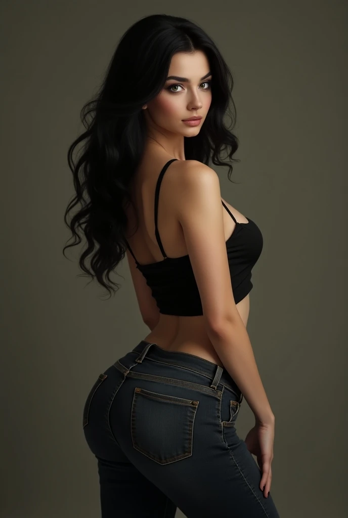 Plump ass, pale  white skin, hazel green eyes, Beautiful Russian woman,palest fairest skin, Pale white skin, oval face beautiful, long luscious thick black hair, hourglass figure slender waist, and plump ass wearing black top and tight jeans. Wide hips, pl...