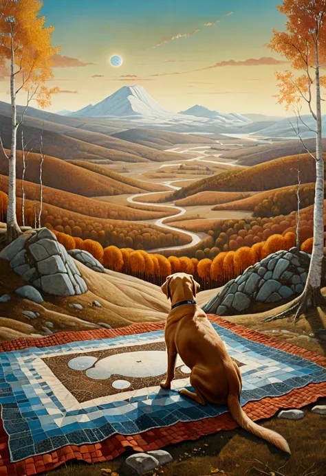  Amanda Clark, Zdzisław Beksiński, Jacek Yerka and Yossi Kotler style mix, surreal whimsical .Landscape, a wide shot of a woman, view from behind, is sitting, along with her dog ((brown)) labrador,  on wide patchwork blanket, with voronoi pattern warm colo...