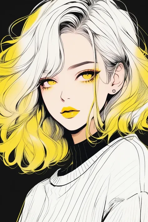 (Best Quality, sketch:1.2),realistic,illustrator,anime,1 girl,detailed lips,jumper,custom,golden gradient background,neon hair,texture trimming,Canada,masterpiece,style retro classic,noir dark 