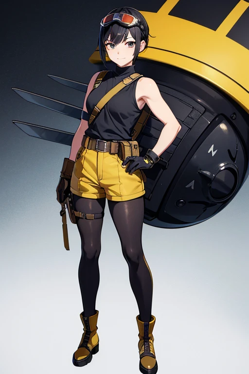  anime picture 、 full body portrait 、World War I Pilots、Background blank、 standing upright, about 165 cm tall, wearing a yellow tank top and yellow shorts and freckles on her cheeks、Wearing bulletproof goggles on his head、 wearing black tights that cover h...