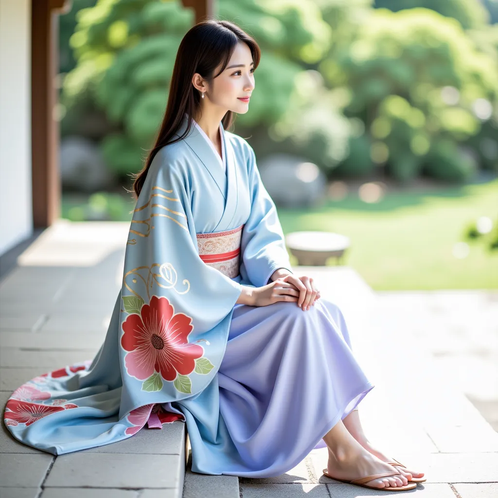 a photorealistic image of a young east asian woman dressed in traditional japanese attire. she is seated gracefully, wearing a l...