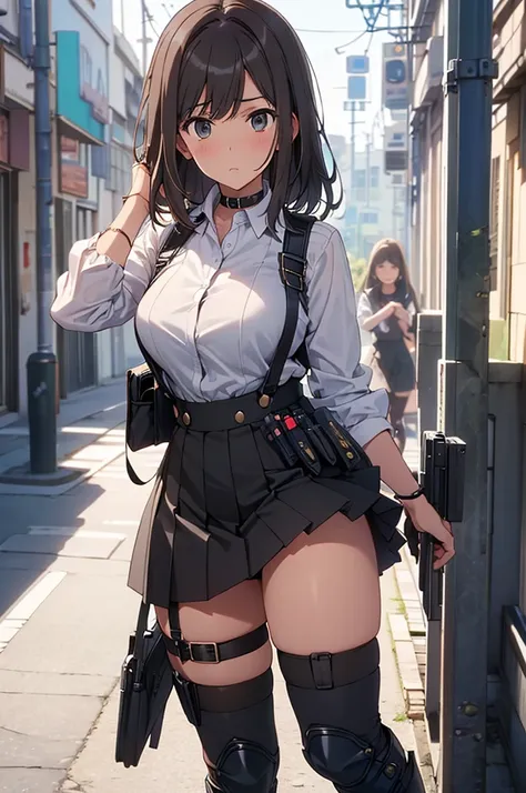 Brown hair、watching at viewers　　　black suspenders　　　Bulging big breasts　　 　 　　　walls: 　Black miniskirt　garters　　　　　　Gaze　　　Small face　bangss 　　　holster　　　Beautuful Women　　hands up　　レッグholster ベッドに横たわる　　Gaze 　black boots panty shot　provocation　flank　flank汗　...