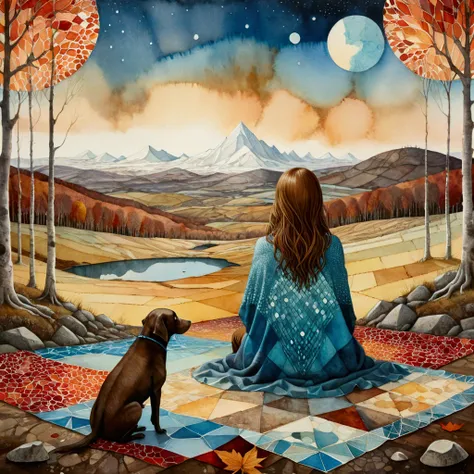 Amanda Clark, Zdzisław Beksiński, Jacek Yerka and Yossi Kotler style mix, surreal whimsical, watercolour and ink illustration, wet-on-wet, loose water effects .Landscape, a wide shot of a ((woman)), view from behind, is sitting, along with her dog (brown) ...