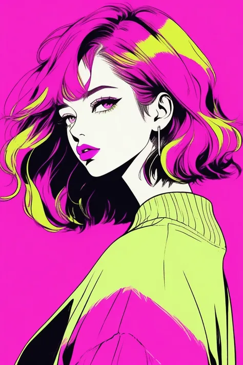 (Best Quality, sketch:1.2),realistic,illustrator,anime,1 girl,detailed lips,jumper,custom,magenta gradient background,neon hair,texture trimming,Canada,masterpiece,style retro classic,noir dark 