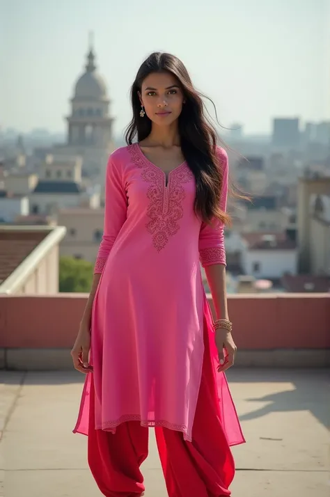 Girl in churidar Indian legging tight pink kurti tight legging red legging on roof full image from head to leg  open leg pose 