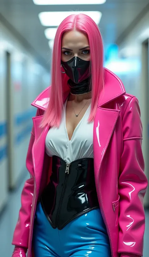 angelina jolie, latex brillant, dominatrice, chemisier en latex blanc, serre taille latex noir, costume pantalon en latex bleu, ceinture latex noir, futuriste veste courte en latex rose fluo, larges épaulettes en latex rose fluo, cuissardes en vinyle rose ...