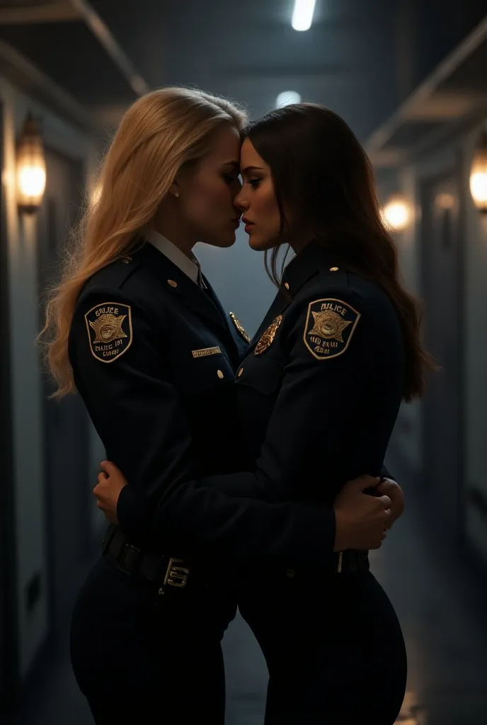 a beautiful blonde female police officer and a beautiful brunette female police officer in uniform hugging, extremely detailed, hyper realistic, photorealistic, high quality, 8k, studio lighting, intricate details, refined design, cinematic lighting, dramatic atmosphere, compelling composition