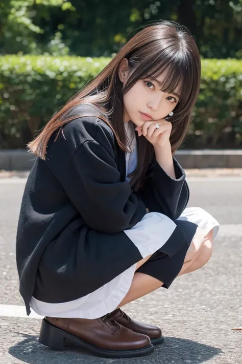 ultra detailed, hyper detailed, insanely detailed, highres, absurdres, woman, sake, sleepy, crouching, looking down, semi long, bangs pinned back, ahoge, in the park, ultra realistic photo