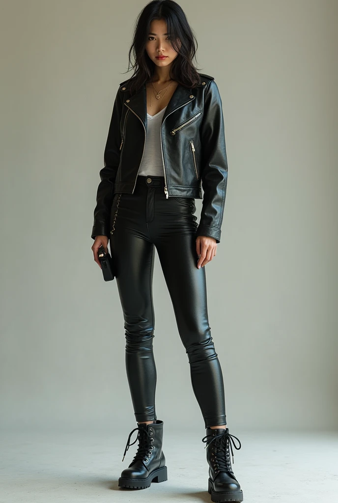 A tall, long-legged young Asian woman is standing with her legs slightly apart in a leather jacket and leather pants.