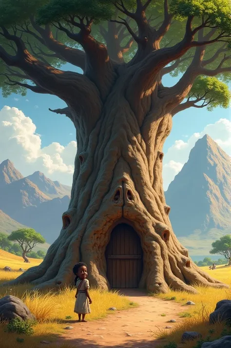 Create an ancient boabab tree that have a wooden door behind a small Africa village surrounded by golden grassland and tall mountains with a curious  touching the tree