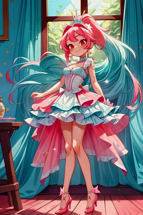 masterpiece, best quality) standing, indoor, intricate detail, sunlight, white and aqua blue frill dress, red high heel shoes, pink hair with a high ponytail, red eyes, cute stars diadema, smiley and sexy expression, sexy pose, coquette, gorgeous legs, mat...