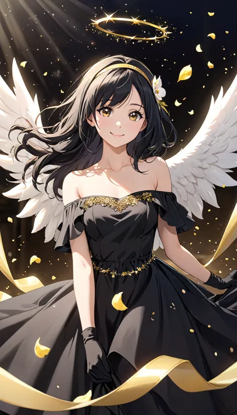 1 girl, angel wings,  beautiful woman, ( photorealistic ), black dress, black gloves,  black hair , smile, cowboy shot, dress, t...