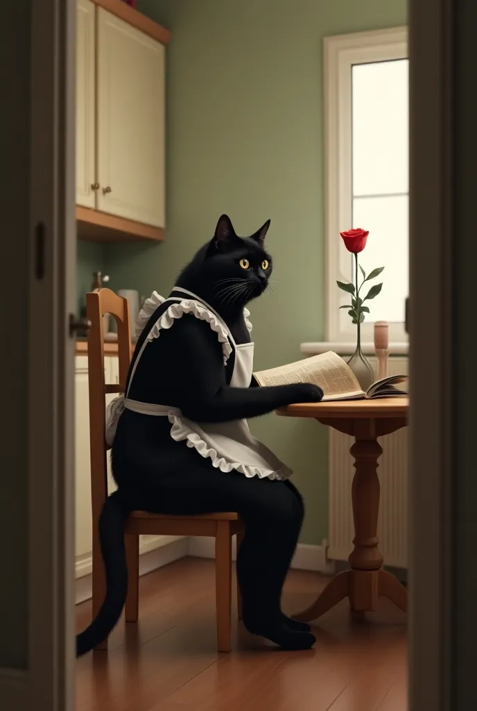 Peeking secretly into a slightly opened door,、 leading to the dining room kitchen when you open the door, a black cat that acts like a human inside((Cait Sith))is sitting on a chair reading a magazine 、Wearing an apron、 cosplay costume that looks like maid clothes 、 an open magazine on the table 、 a vase with a single rose flower vase 、Black cat looking back 、A ridiculous worldview where domestic cats, black cats, act like humans