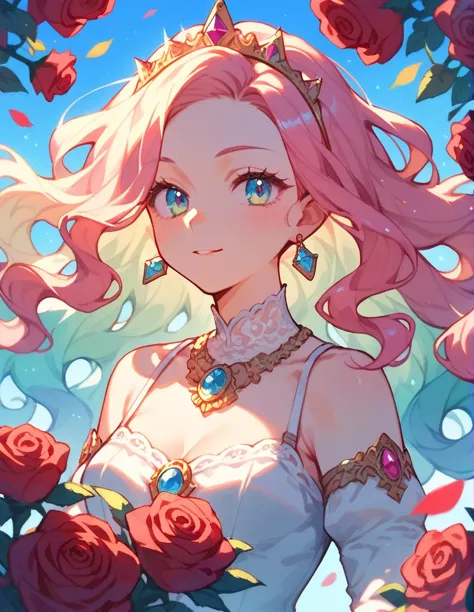 colorful,princess,long wavy hair, rose, closeup