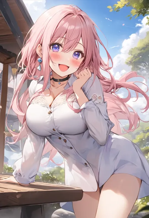 Super detailed,(Best Quality),((masterpiece)),( high resolution on down),original,very,Mitsuyu Masu ,  one girl playing pranks, Alone,  Pink Hair, smile,bangs,  open your mouth, :d,  viewer, Long Sleeve , Long Hair,  purple eyes,  outdoor , shirt, Hair bet...