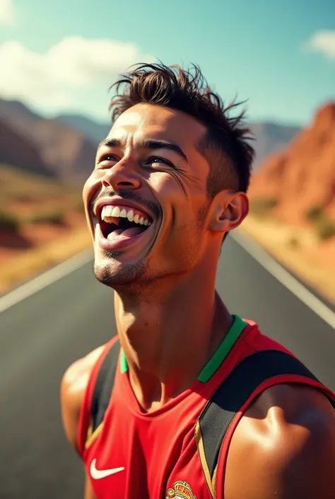 To generate an AI image of Cristiano Ronaldo  road stretching into the horizon. Ronaldos expression is full of excitement and happiness, capturing his signature charisma and athleticism. The image should convey a sense of freedom, energy, and positive vibe...