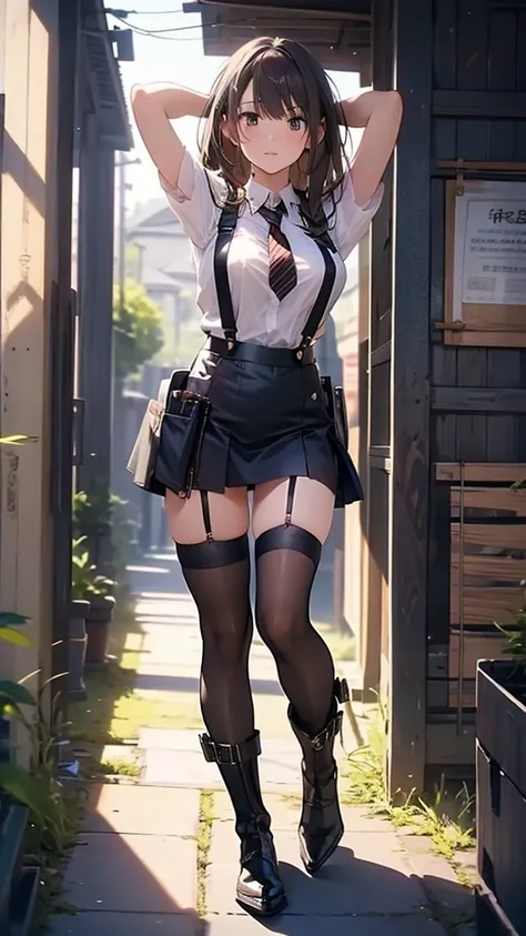 Brown hair、watching at viewers　　　black suspenders　　　Bulging big breasts　　 　 　　　walls: 　Black miniskirt　garters　　　　　　Gaze　　　Small face　bangss 　　　holster　　　Beautuful Women　　hands up　　レッグholster ベッドに横たわる　　Gaze 　black boots panty shot　provocation　flank　flank汗　...