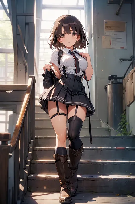 Brown hair、watching at viewers　　　black suspenders　　　Bulging big breasts　　 　 　　　walls: 　Black miniskirt　garters　　　　　　Gaze　　　Small face　bangss 　　　holster　　　Beautuful Women　　hands up　　レッグholster ベッドに横たわる　　Gaze 　black boots panty shot　provocation　flank　flank汗　...