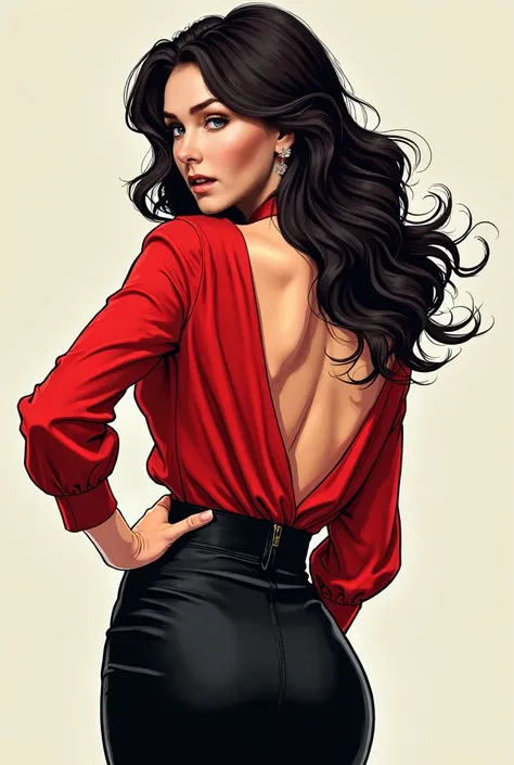 a woman in a red shirt and black skirt posing for a picture, red elegant shirt,  blouse showing off her back ,  Sexy Outfits, Office Clothes, very  Sexy Outfits, satin, leather, black and red silk clothing,  revealing clothing ,   line art mesmerizing, sed...