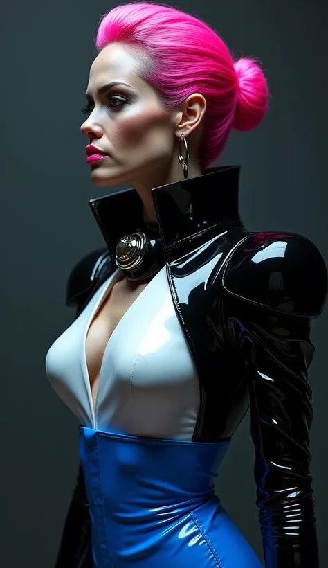 angelina jolie, vue de profil, latex brillant, dominatrice, chemisier en latex blanc, serre taille latex noir, costume pantalon en latex bleu, ceinture latex noir, futuriste veste courte en latex rose fluo, larges épaulettes en latex rose fluo, cuissardes ...